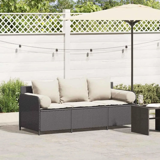 Divano Modulare da Giardino a 3 Posti in Polyrattan Nero con Cuscini