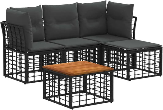 Set Salotto da Giardino 5 Pezzi in Poliestere Nero e Grigio, Mobili da Esterno Resistenti alle Intemperie