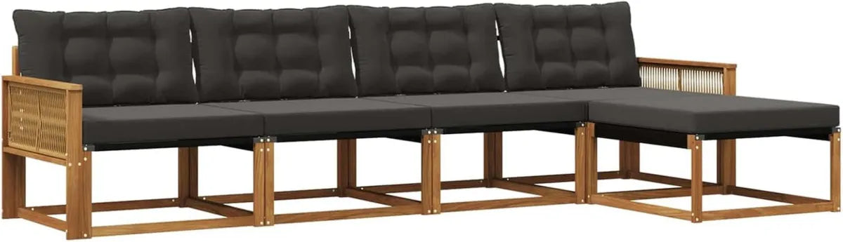 Set Divani da Giardino in Rattan Naturale e Nero con Cuscini - 5 Pezzi