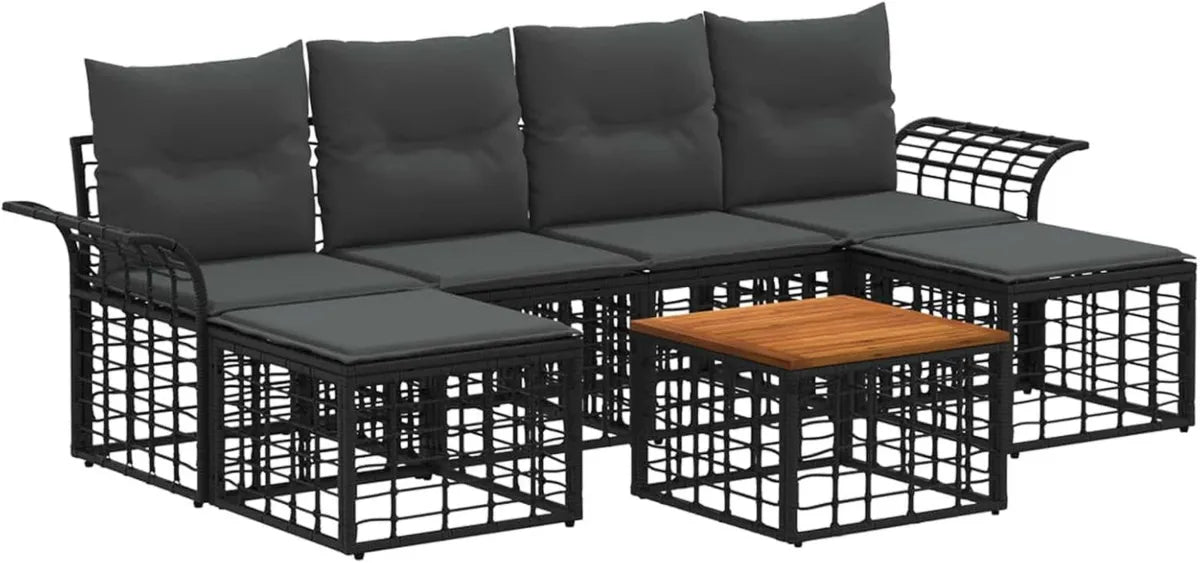 Set Divani da Esterno 7 Pezzi Nero Grigio Scuro, Poliestere Resistente, Lounge per Giardino Moderno