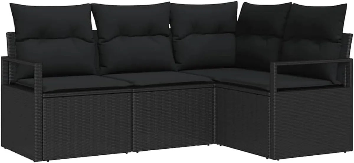 Set Divani da Giardino in Polyrattan Nero con Cuscini - 4 Pezzi