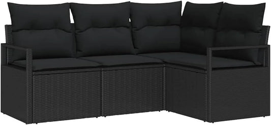 Set Divani da Giardino in Polyrattan Nero con Cuscini - 4 Pezzi
