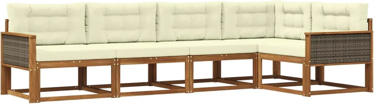 Set Divani da Esterno 5 Pezzi in Rattan Naturale e Crema, Mobili da Giardino Moderni e Resistenti