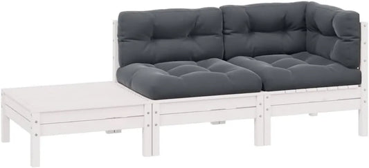 Set mobili da giardino in legno di pino con cuscini bianchi, 3 pezzi per relax e conversazione