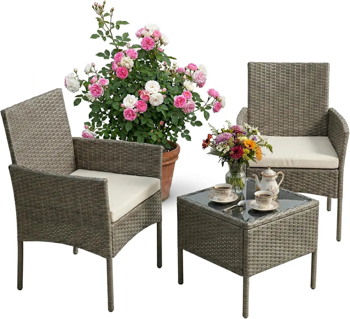 Set Mobili da Giardino in Polyrattan 3 Pezzi, 2 Sedie e Tavolino in Vetro, Grigio