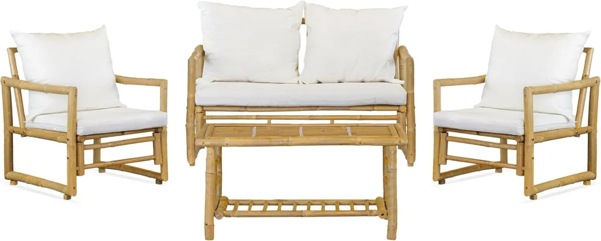 Set Salotto da Giardino in Bamboo per 4 Persone con Cuscini