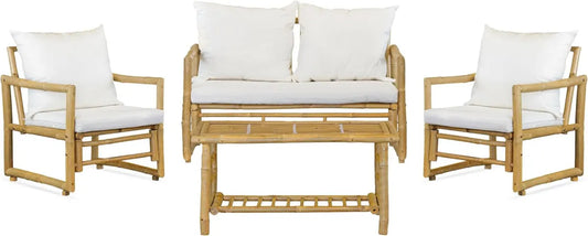 Set Salotto da Giardino in Bamboo per 4 Persone con Cuscini
