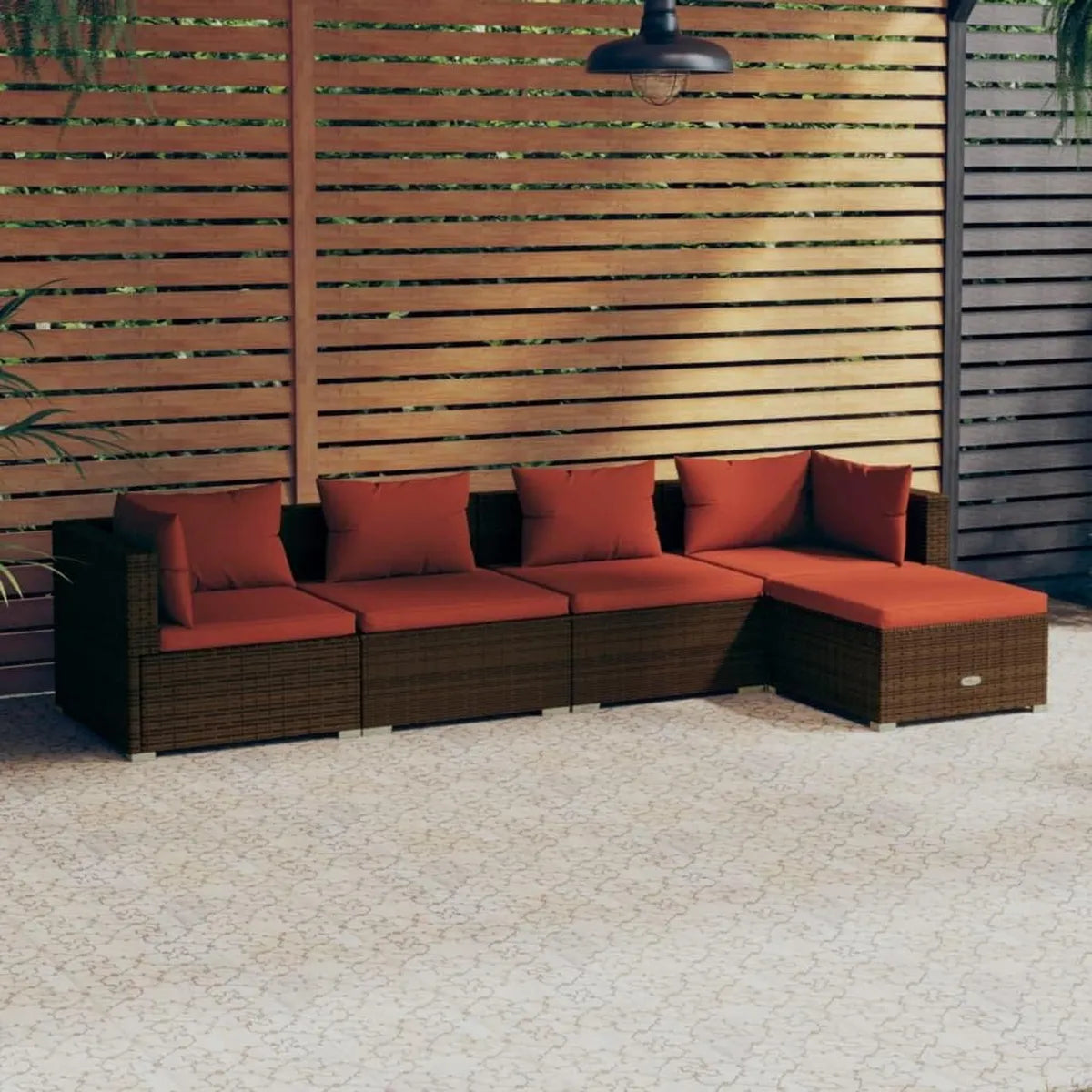 Set Divani da Giardino in Polyrattan Marrone con Cuscini, 5 Pezzi, per Balcone e Patio