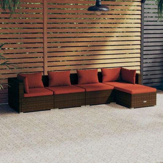 Set Divani da Giardino in Polyrattan Marrone con Cuscini, 5 Pezzi, per Balcone e Patio