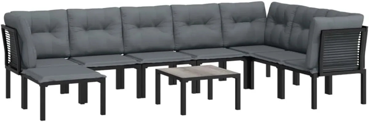 Set Mobili da Giardino in Polyrattan 9 Pezzi Nero e Grigio