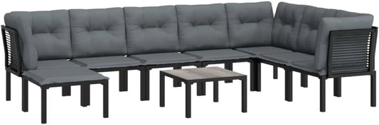 Set Mobili da Giardino in Polyrattan 9 Pezzi Nero e Grigio