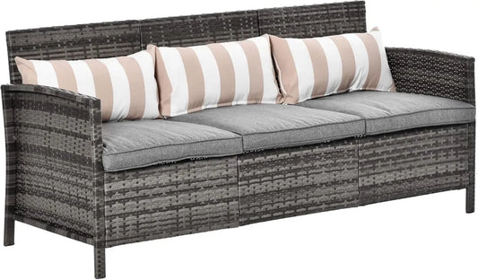 Divano Esterno 3 Posti in Rattan PE con Cuscini Removibili, Arredo per Terrazzo, Patio e Giardino, 173x68x78 cm, Grigio