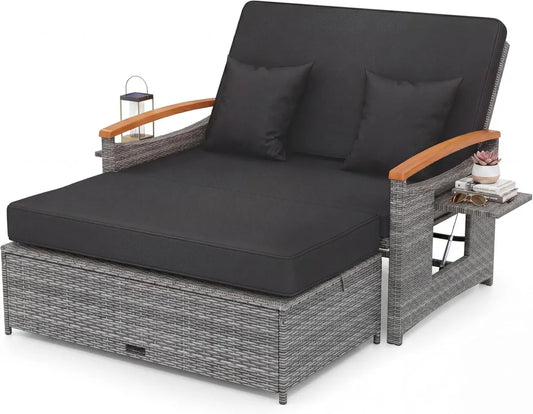 Divano da Giardino 2 Posti in Rattan con Schienale Regolabile e Pouf, Set Salotto Esterno con Tavolo Laterale, Supporta fino a 360 kg