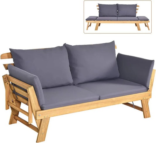 Divano da Giardino a 2 Posti in Legno di Acacia con Cuscini e Braccioli Regolabili, Sdraio Elegante per Esterno