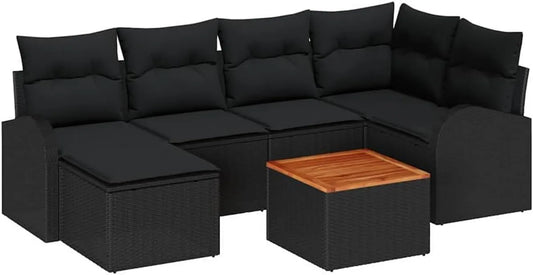 Set Divano da Giardino 7 Pezzi in Polyrattan Nero con Tavolo in Legno di Acacia