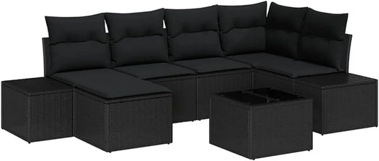 Set Divano da Giardino in Polyrattan Nero con Cuscini, 7 Pezzi, Resistente alle Intemperie