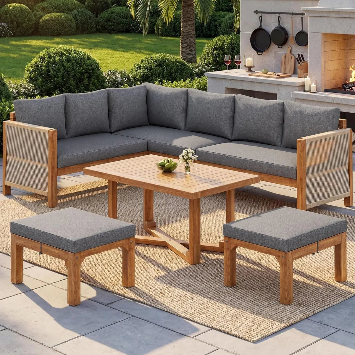 Set salotto da giardino in legno d'acacia, divano angolare 6 posti con cuscini, 2 sgabelli e tavolo, resistente e traspirante, grigio