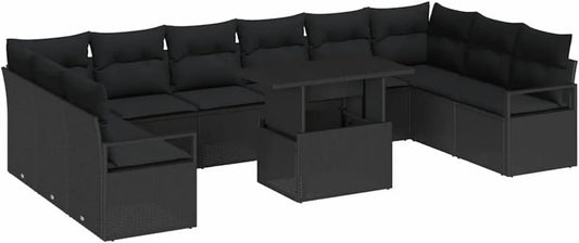 Set Divano Modulare da Giardino in Polyrattan Nero con Cuscini, 11 Pezzi, Resistente ai Raggi UV
