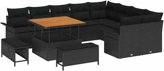 Set Divano da Giardino in Rattan Nero con Cuscini, Tavolo Regolabile, Divano Modulare Anti-UV per Esterni