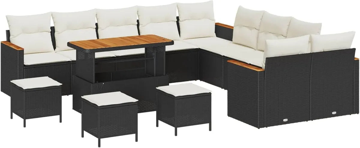 Set Salotto da Giardino 14 Pezzi in Polyrattan Nero con Struttura in Legno di Acacia, Modulare ed Elegante per Esterni