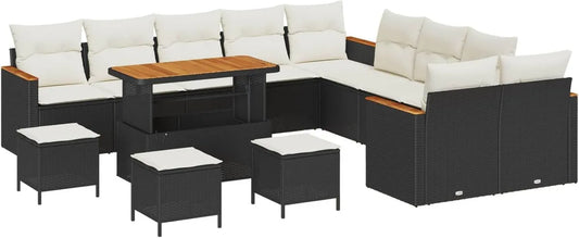 Set Salotto da Giardino 14 Pezzi in Polyrattan Nero con Struttura in Legno di Acacia, Modulare ed Elegante per Esterni