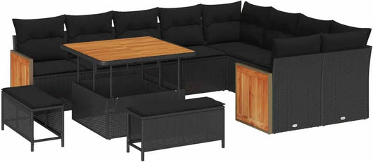 Set Salotto da Giardino in Rattan Nero con Cuscini Sfoderabili, 12 Pezzi, Design Moderno e Resistente, Ideale per Terrazza