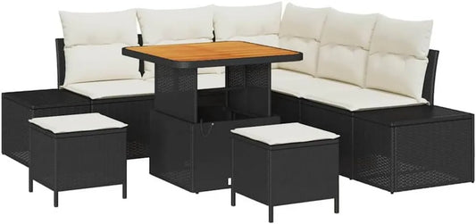 Set Salotto da Giardino 8 Pezzi in Rattan Nero con Cuscini, Design Moderno per Esterni, Resistente alle Intemperie, Sedute Modulari con Spazio di Archiviazione