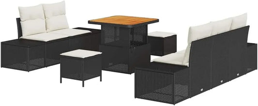 Set Divano da Giardino in Rattan Nero con Cuscini, 8 Pezzi, Arredo Esterno Moderno e Resistente con Vani Portaoggetti