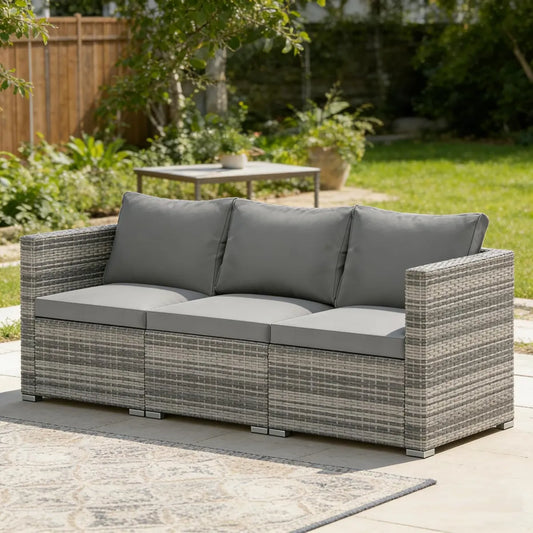 Divano da Giardino in Rattan a 3 Posti con Cuscini, Grigio, per Terrazza e Balcone