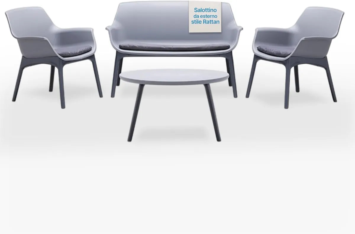 Set Salotto da Giardino in Polipropilene Impermeabile Stile Rattan - Bianco e Grigio