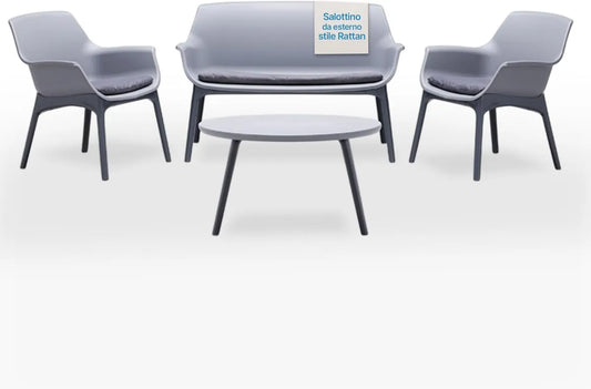 Set Salotto da Giardino in Polipropilene Impermeabile Stile Rattan - Bianco e Grigio