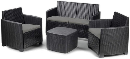 Set Salotto da Giardino in Rattan per 4 Persone con Cuscini Comodi, Comprende Divano, Poltrone e Tavolino, Colore Antracite