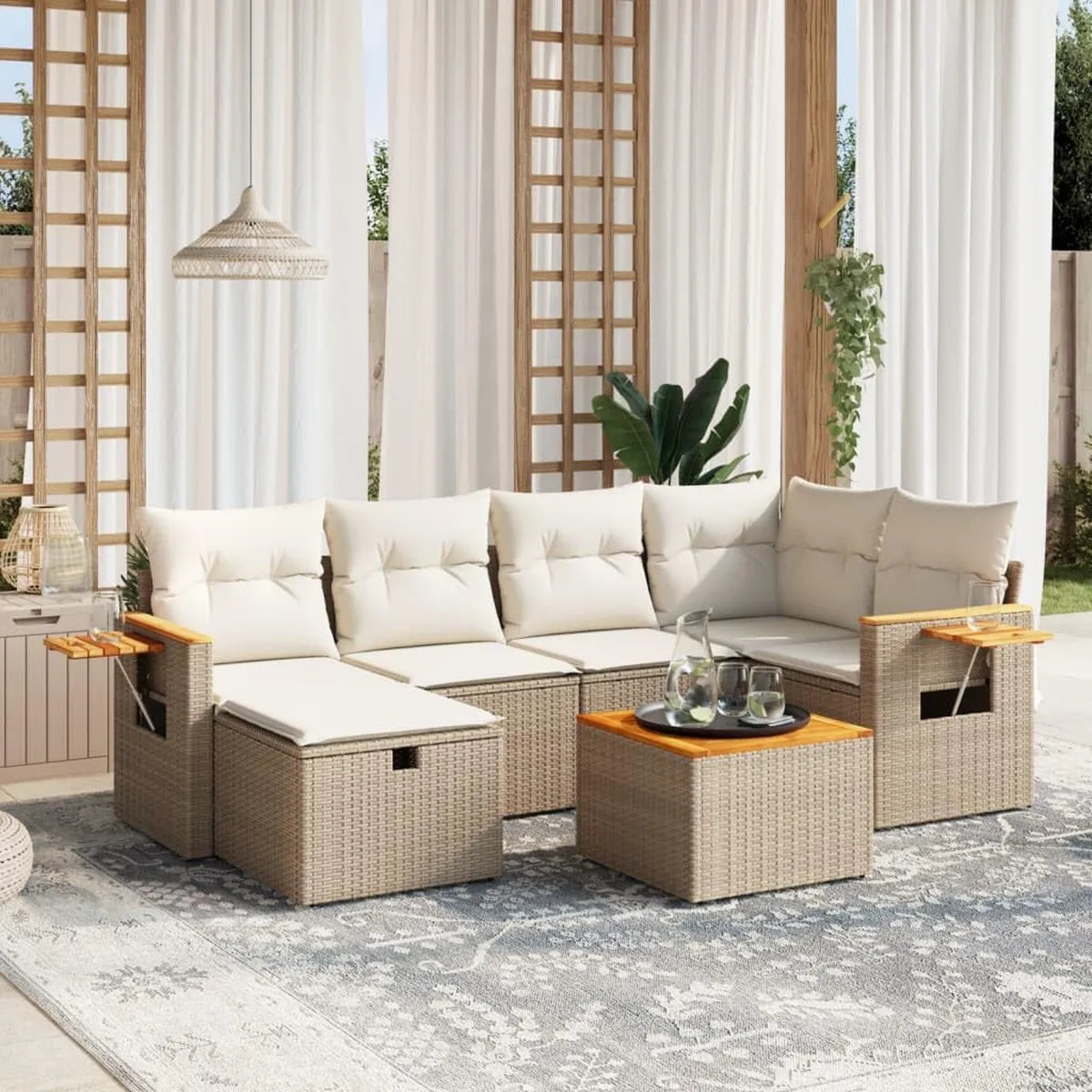 Set Divano Giardino 7 Pezzi in Polyrattan Beige con Tavolo in Legno d'Acacia, Modulare e Resistente agli Agenti Atmosferici