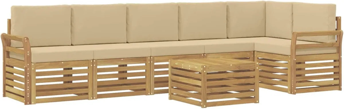 Set Divani Modulari da Esterno in Legno Bianco e Beige con Tavolo