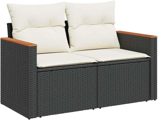 Divano da Giardino a 2 Posti in Polyrattan Nero con Cuscini Comodi