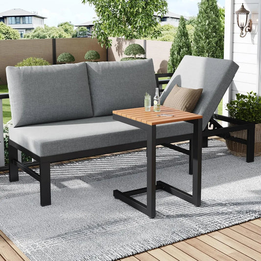 Divano da Giardino 3 Posti, Grigio, Inclinazione Regolabile, Tavolo Incluso