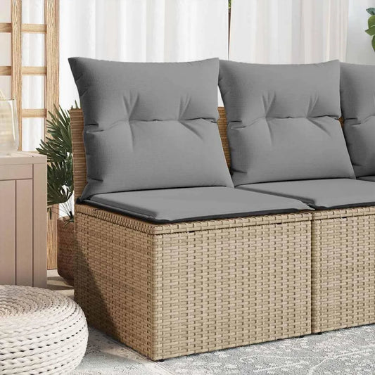 Divano angolare da giardino in polyrattan beige con cuscini, mobili modulari per esterni con vano portaoggetti impermeabile e rivestimenti lavabili