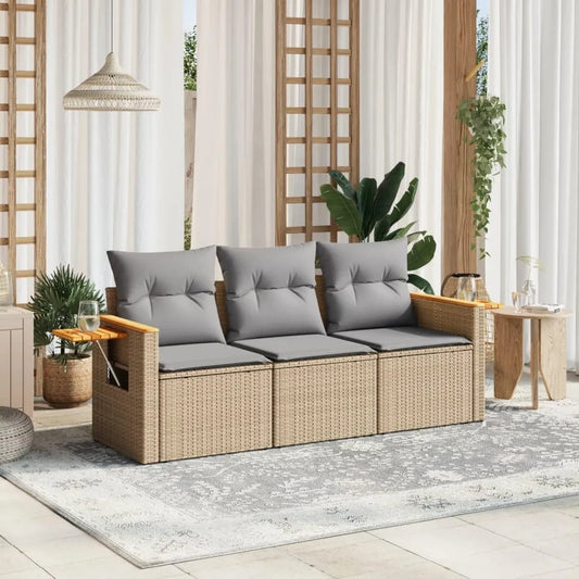 Divano da Esterno 3 Posti in Polyrattan con Contenitore e Cuscini, Set Arredo Giardino Beige e Grigio