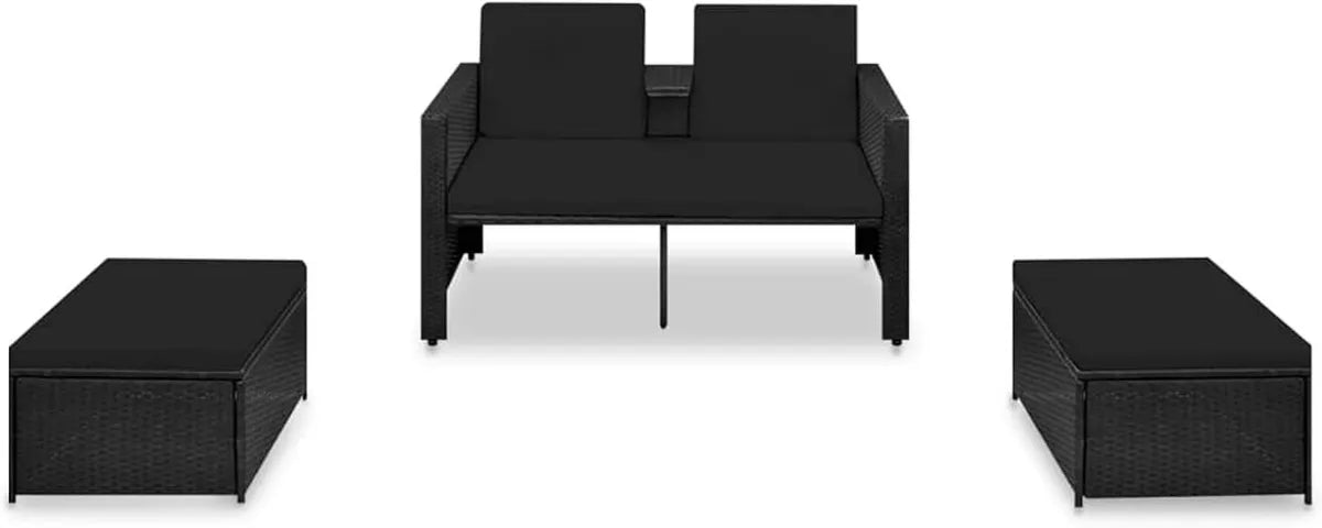 Set Divani da Giardino in Polyrattan Nero con Cuscini, 3 Pezzi per Esterni
