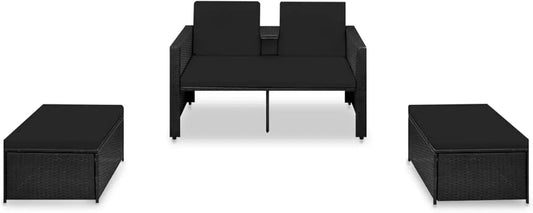 Set Divani da Giardino in Polyrattan Nero con Cuscini, 3 Pezzi per Esterni
