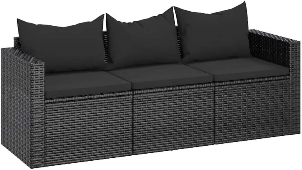 Divano da Esterno in Polyrattan Nero a 3 Posti con Cuscini