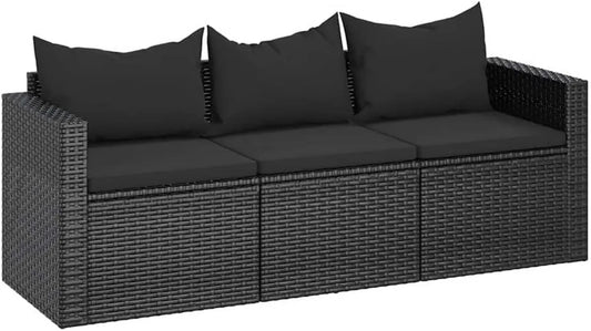 Divano da Esterno in Polyrattan Nero a 3 Posti con Cuscini