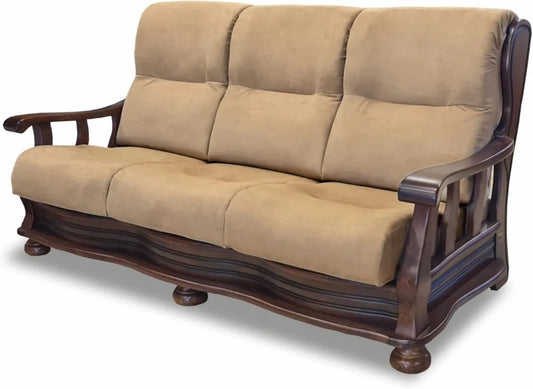Divano 3 posti PAVAROTTI in legno massello, colore arte povera, tessuto Acacia beige scuro