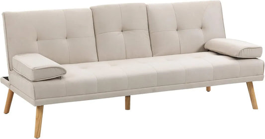 HOMCOM Sofà Letto 3 Posti Reclinabile con Braccioli Removibili e Portabicchieri, Divano Convertibile in Tessuto Beige per Salotto