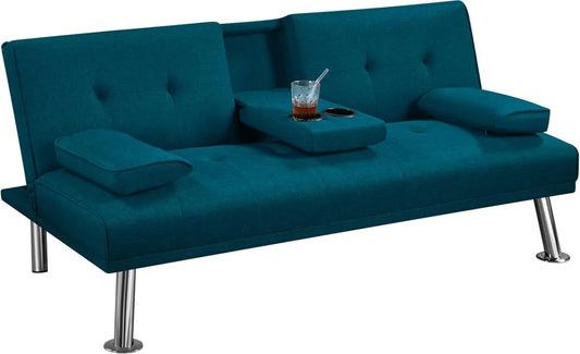 Divano Letto Reclinabile 3 Posti con Braccioli Rimovibili e Porta Bicchieri, Blu Acqua