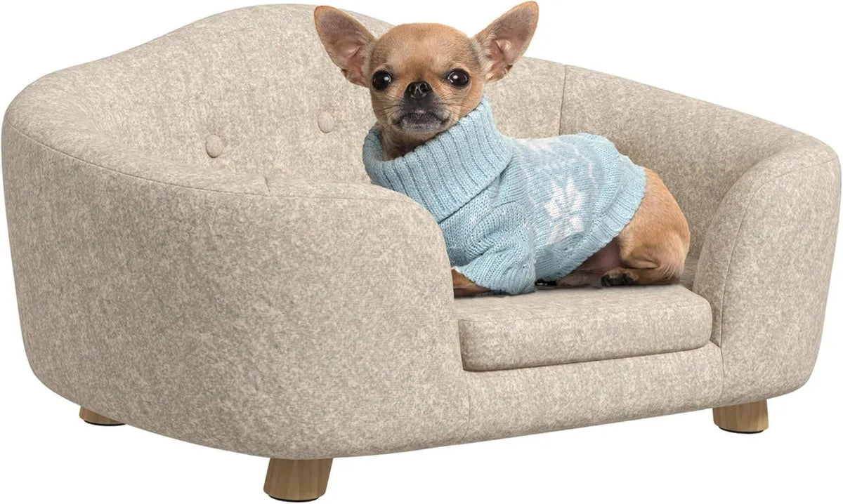 PawHut Divano per Cani in Legno di Pino con Cuscino in Peluche e Tasca