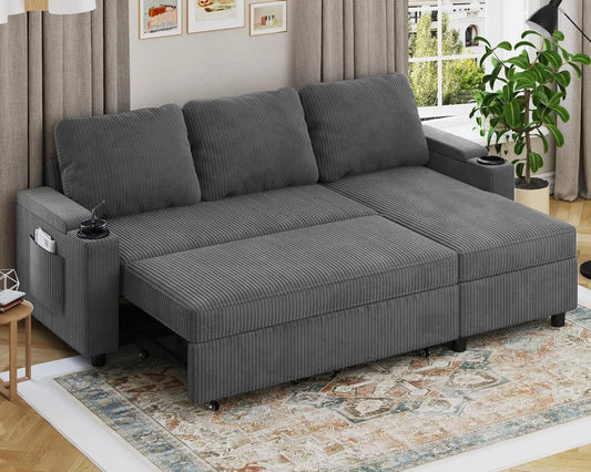 Divano Letto Angolare a 3 Posti con Chaise Longue, Contenitore e Portabicchieri, Tessuto Premium Beige e Grigio