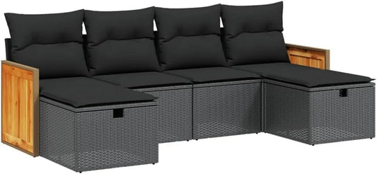 Set Soggiorno da Esterno in Polyrattan Nero con Cuscini, 6 Pezzi