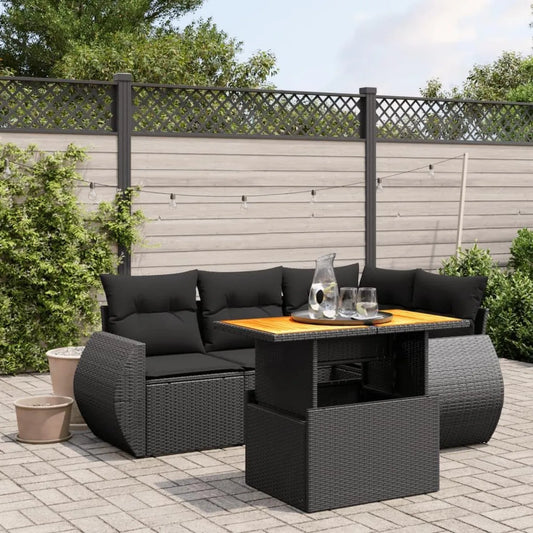 Set Divani da Giardino in Polyrattan Nero con Cuscini - 5 Pezzi