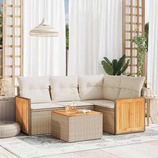 Set Salotto da Giardino 5 Pezzi in Polyrattan Beige con Cuscini